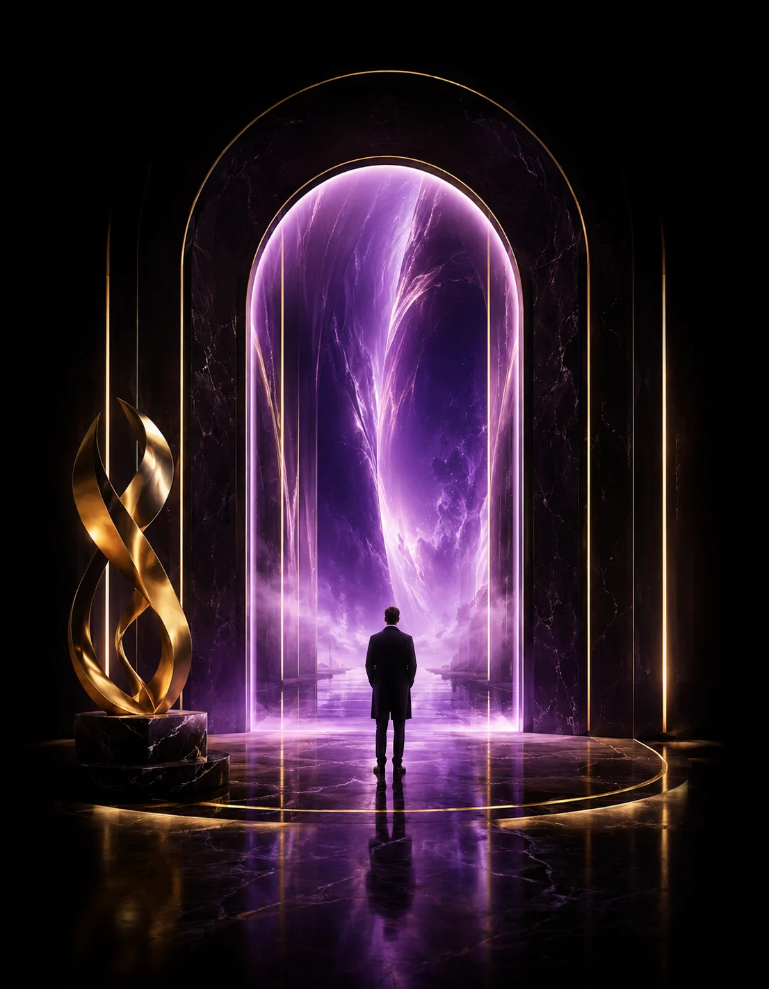 Cinematic purple and gold art portal for TrendZ Art international visual art event
